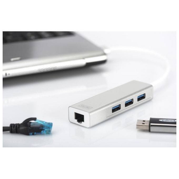 Digitus hub a 3 porte usb 3.0 e adattatore lan gigabit