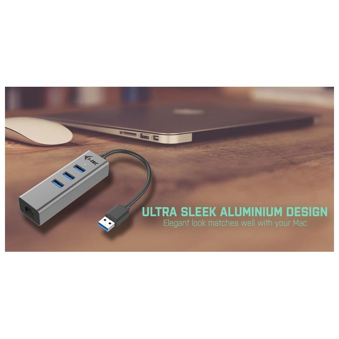 I-tec U3METALG3HUB Metal Hub USB 3.2 Gen 1 Type-A 3 Porte con Adattatore Gigabit Ethernet RJ-45 5000 Mbit-s colore Grigio