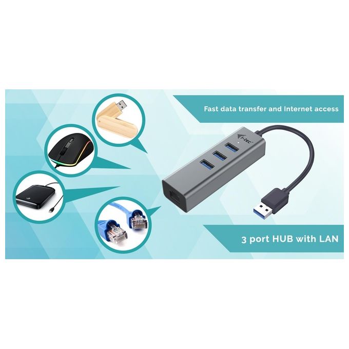 I-tec U3METALG3HUB Metal Hub USB 3.2 Gen 1 Type-A 3 Porte con Adattatore Gigabit Ethernet RJ-45 5000 Mbit-s colore Grigio