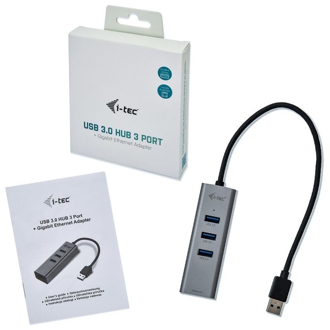 I-tec U3METALG3HUB Metal Hub USB 3.2 Gen 1 Type-A 3 Porte con Adattatore Gigabit Ethernet RJ-45 5000 Mbit-s colore Grigio