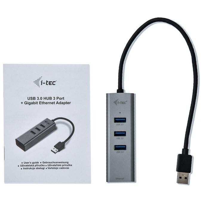 I-tec U3METALG3HUB Metal Hub USB 3.2 Gen 1 Type-A 3 Porte con Adattatore Gigabit Ethernet RJ-45 5000 Mbit-s colore Grigio