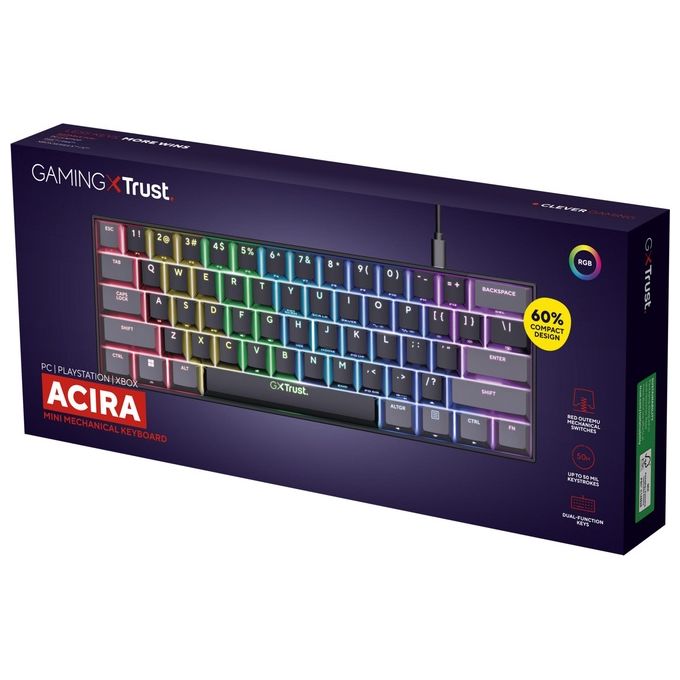 Trust 24884 GXT 867 Acira Tastiera Gaming Meccanica USB QWERTY Italiano 60% RGB Cavo Rimovibile 1 8 m colore Nero