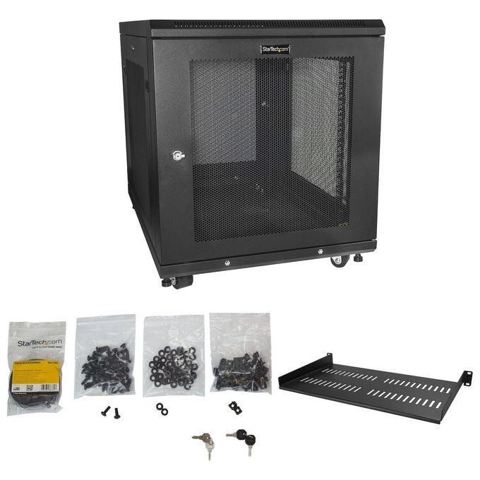 StarTech RK1233BKM Armadio Rack Server 19'' 12U 4 Montanti Profondita' Regolabile 450 Kg con Ruote Ripiano 1U colore Nero