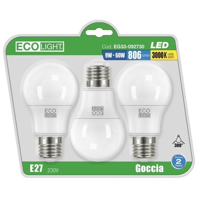 Lampadina Led Goccia 9W E27 3 Pz