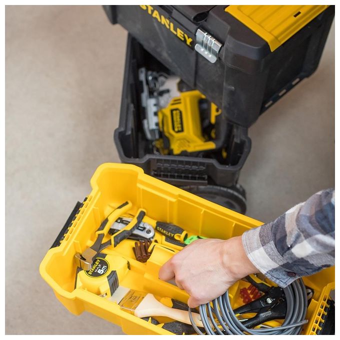 Stanley STST1-80151 Essential Carrello Porta Utensili 3 in 1 Trolley Modulare Ruote 7'' Capacita' 20 Kg colore Nero
