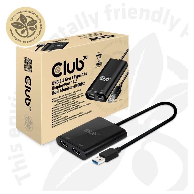 Club 3D Sense Vision Splitter Video USB3.1 a 2 Display Port 1.2 Dual Monitor 4K 60Hz Nero