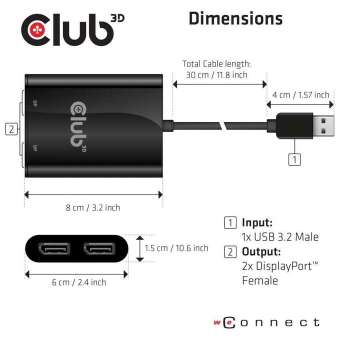 Club 3D Sense Vision Splitter Video USB3.1 a 2 Display Port 1.2 Dual Monitor 4K 60Hz Nero