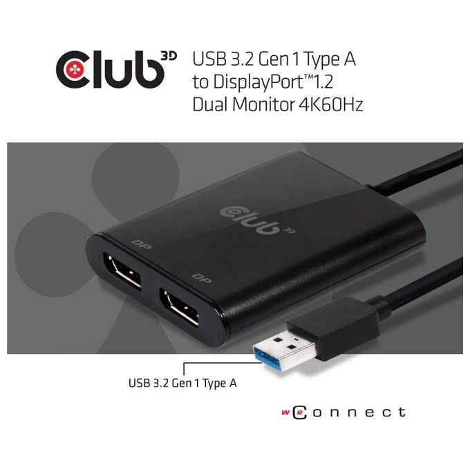Club 3D Sense Vision Splitter Video USB3.1 a 2 Display Port 1.2 Dual Monitor 4K 60Hz Nero