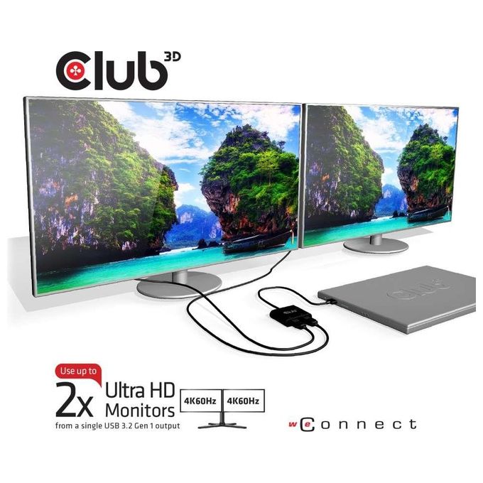 Club 3D Sense Vision Splitter Video USB3.1 a 2 Display Port 1.2 Dual Monitor 4K 60Hz Nero