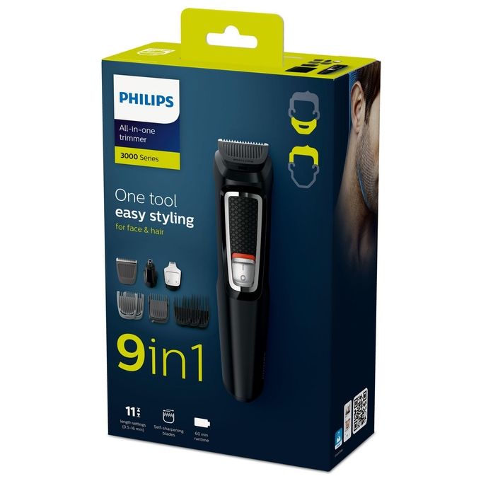 Philips MG3740-15 MULTIGROOM Serie 3000 Regolabarba 9 in 1 lame autoaffilanti acciaio inox autonomia 60 min colore Nero
