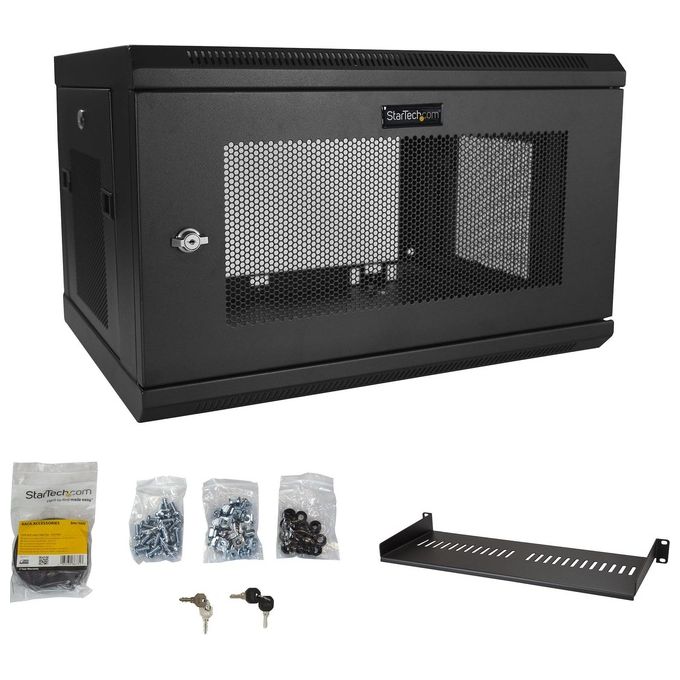 StarTech RK616WALM Armadio Rack 6U 19'' 37 cm Profondita' Portata 90 Kg con Serratura e Ripiano 1U incluso colore Nero