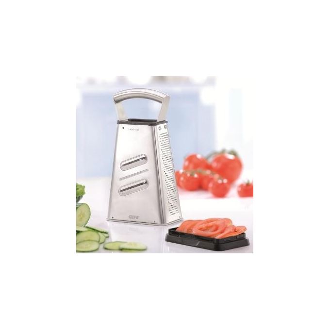 Gefu GF10760 Vitales Grattugia Quadrangolare con 4 Superfici di Taglio a Laser Base Antiscivolo Contenitore Integrato Manico Ergonomico in Acciaio Inox Lavabile in Lavastoviglie colore Argento