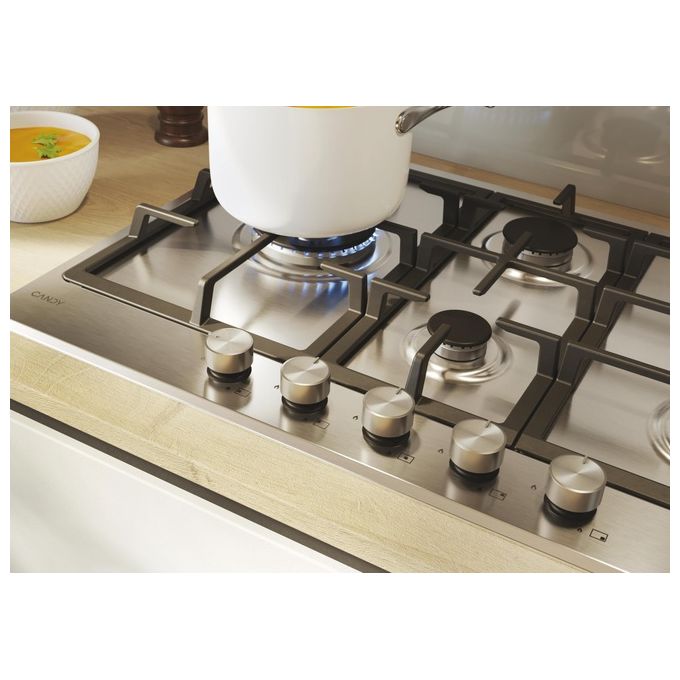 Candy CHG7WL4WTX Piano cottura Gas 74.5 cm 5 fuochi Doppia corona Accensione elettronica colore Acciaio inox