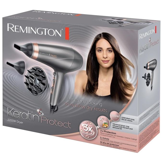 Remington AC8820 Keratin Protect Asciugacapelli 2200W Motore AC Ionico Ceramica 2 Velocita' 3 Temperature Diffusore e Concentratore colore Argento