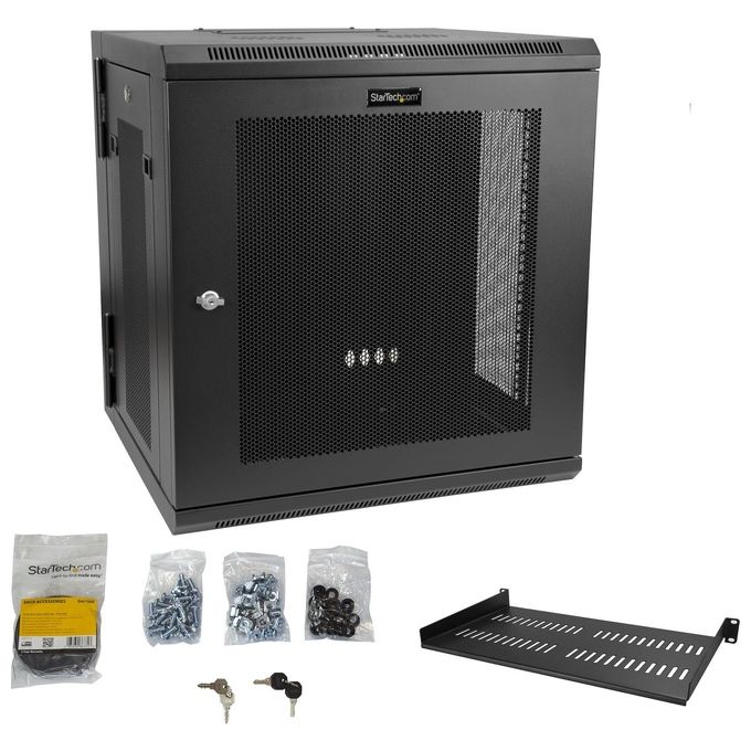 StarTech.com RK1224WALHM Armadio Rack 19 pollici 12U a Muro 4 Montanti Capacita' 90 Kg Pannelli Laterali Rimovibili Ripiano 1U colore Nero