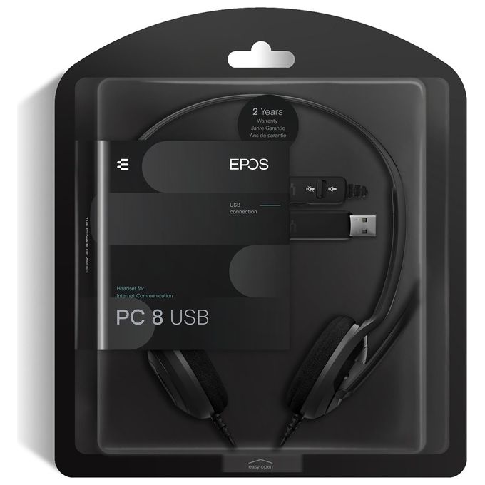 Epos PC 8 USB Cuffie On Ear Stereo con Microfono Noise Cancelling Connessione USB Controllo Volume e Muto In Line colore Nero