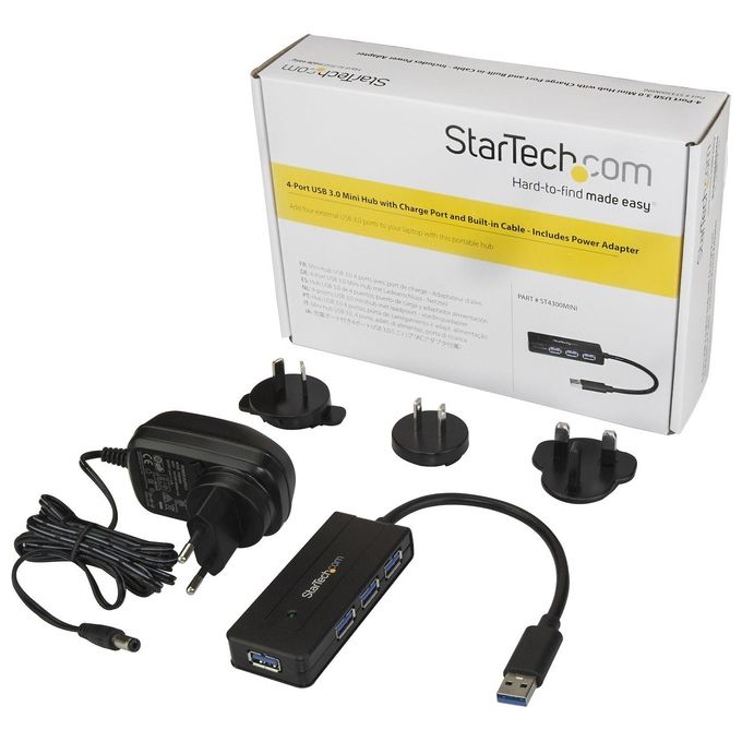 StarTech ST4300MINI Hub USB 3.0 a 4 porte con porta di ricarica veloce alimentato via USB o adattatore 5Gbps colore Nero