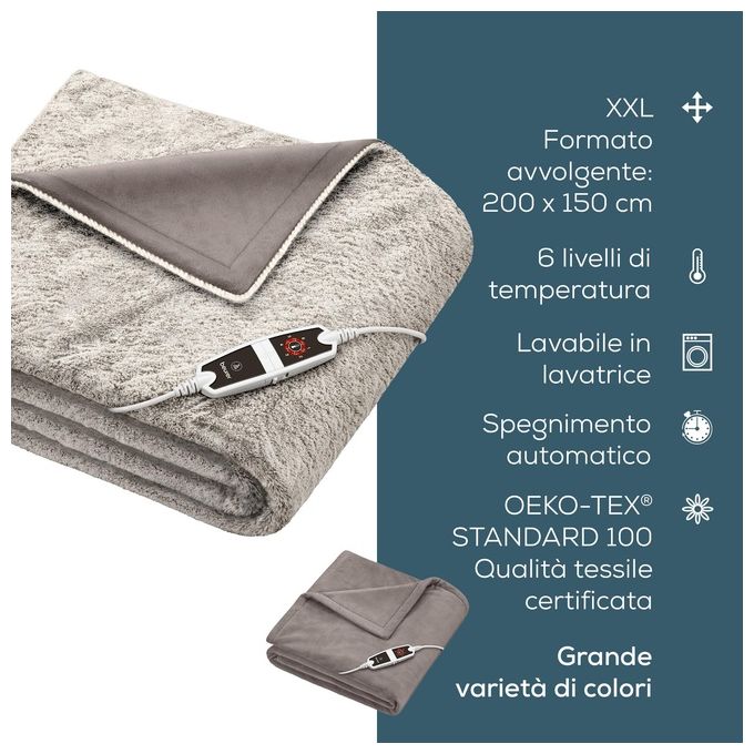 Beurer 43105 HD 150 XXL Nordic Termocoperta Elettrica 150 W 6 livelli temperatura 200x150 cm colore Grigio