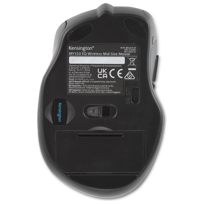 Kensington K72481WW Mouse MY310 EQ Wireless 6 Pulsanti DPI 800-1200-1600 USB-A Ricarica Batteria AAA colore Nero