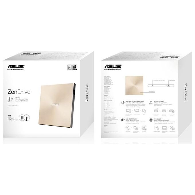 ASUS U9M SDRW-08U9M-U Zendrive Masterizzatore Esterno Type C con supporto M-Disc Mac OS e Windows support Oro