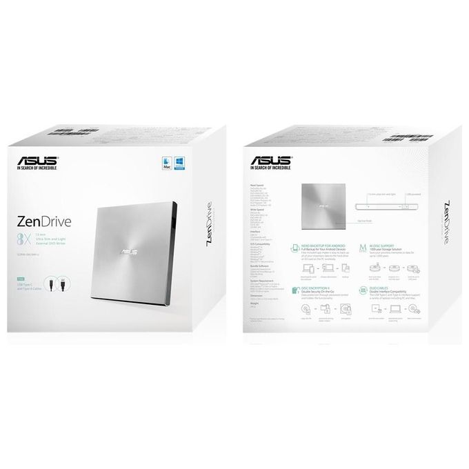 Asus 90DD02A2-M29000 ZenDrive U9M Masterizzatore DVD Esterno USB Type-C Type-A M-DISC colore Argento