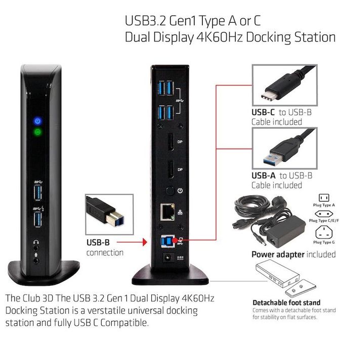 Club3d Docking Station Input usb 3.0 b male dc 5v fem Output Displayport usb a 3.0 Gigabit Ethernet port 3.5mm Audio jack 2.1 3.5mm mic jack