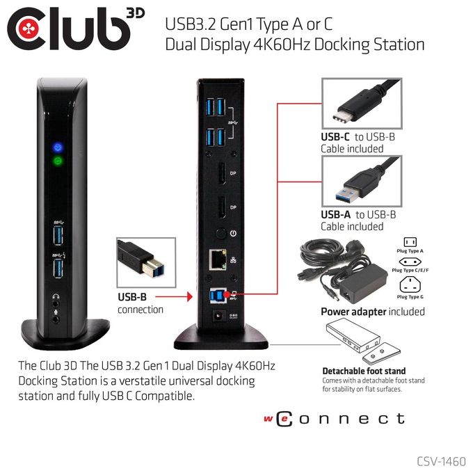 Club3d Docking Station Input usb 3.0 b male dc 5v fem Output Displayport usb a 3.0 Gigabit Ethernet port 3.5mm Audio jack 2.1 3.5mm mic jack