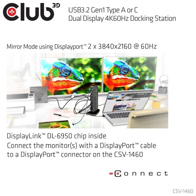 Club3d Docking Station Input usb 3.0 b male dc 5v fem Output Displayport usb a 3.0 Gigabit Ethernet port 3.5mm Audio jack 2.1 3.5mm mic jack