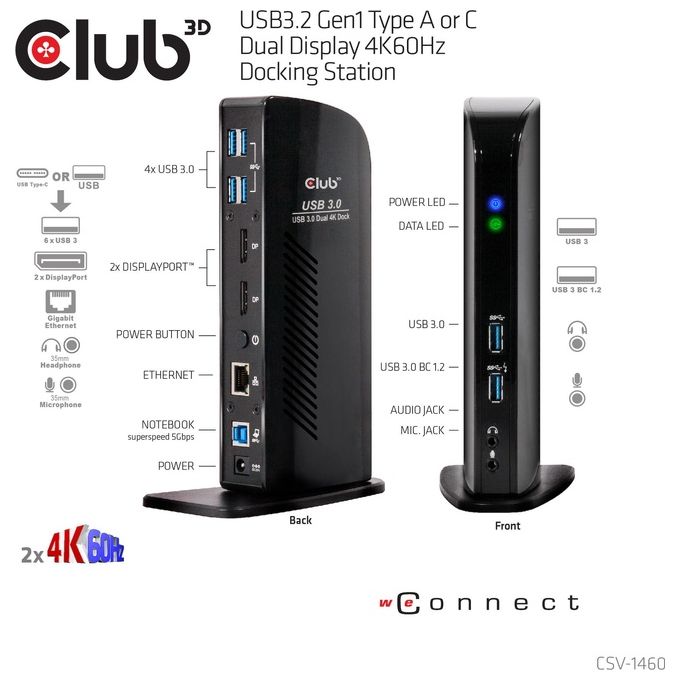 Club3d Docking Station Input usb 3.0 b male dc 5v fem Output Displayport usb a 3.0 Gigabit Ethernet port 3.5mm Audio jack 2.1 3.5mm mic jack