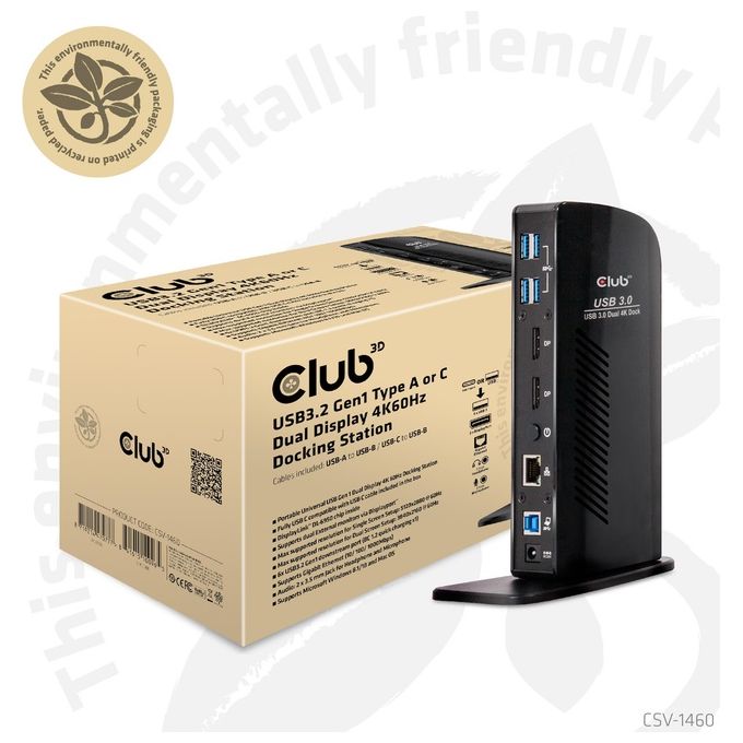 Club3d Docking Station Input usb 3.0 b male dc 5v fem Output Displayport usb a 3.0 Gigabit Ethernet port 3.5mm Audio jack 2.1 3.5mm mic jack