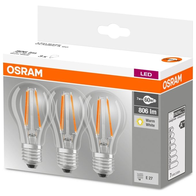 Osram pack 3 Lampadine led Filamento Goccia Chiara 7w-60 e27 luce Calda