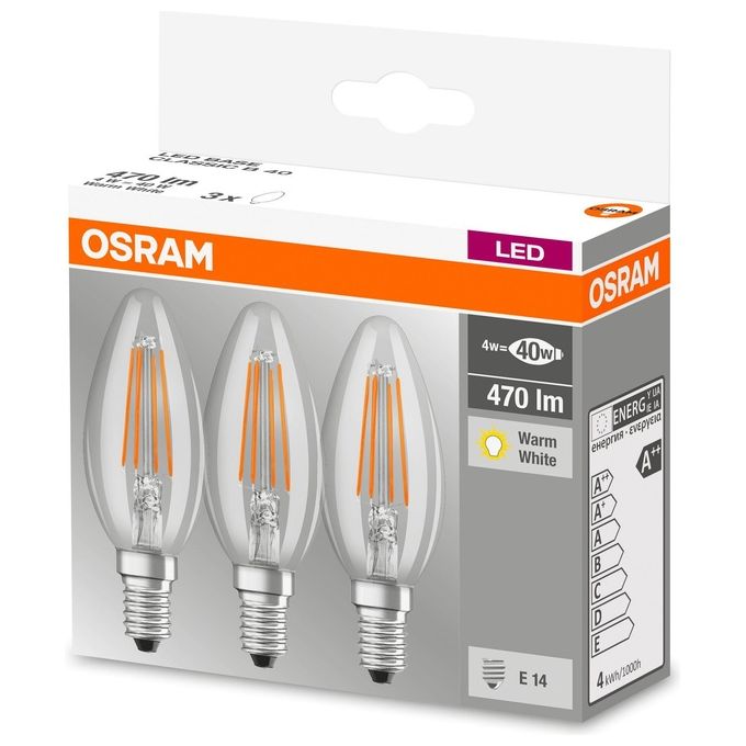 Osram pack 3 Lampadine led Filamento Candela Chiara 4w-40 e14 luce Calda Bianca