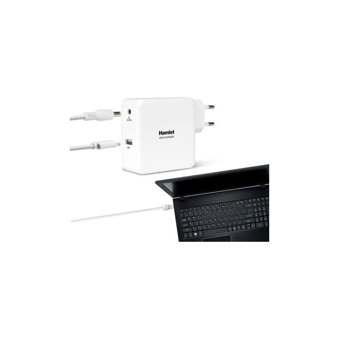 Hamlet XPWNB65U Alimentatore Universale per Notebook 65W 8 Connettori Intercambiabili Porta USB 5V 2.1A Compatibile ACER Samsung ASUS HP DELL LENOVO colore Bianco