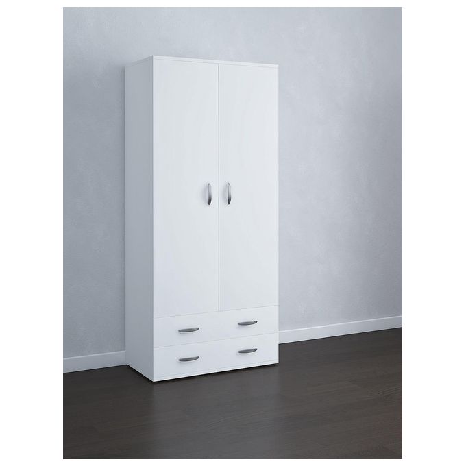 CTF 911142 Armadio 2 Ante 2 Cassetti in Nobilitato Melaminico 18 mm con Barra Appendiabiti e Piedini Alluminio colore Bianco