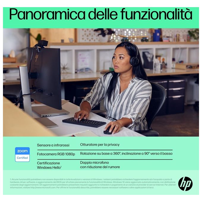 HP 6Y7L1AA#ABB Webcam HP 625 FHD Full HD 1920x1080 4 MP con Windows Hello Microfono Doppio Cancellazione Rumore Autofocus Coperchio Privacy Rotazione 360° colore Nero