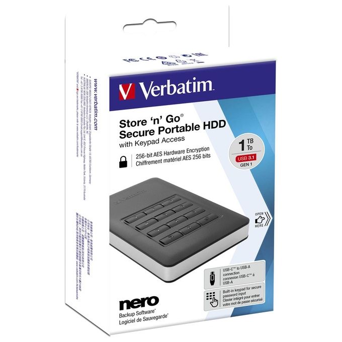 Verbatim Disco Rigido Esterno 1Tb Usb 3.1 Gen1 Storengo Crittografato Accesso con Tastierino Numerico Aes 256bit
