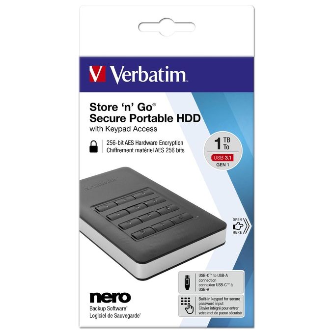 Verbatim Disco Rigido Esterno 1Tb Usb 3.1 Gen1 Storengo Crittografato Accesso con Tastierino Numerico Aes 256bit