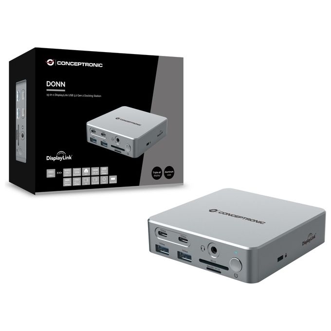 Conceptronic DONN25G Docking Station 15 in 1 con DisplayLink USB 3.2 Gen 2 Tripla Uscita Video 4K60Hz 2 HDMI 1 DisplayPort 2 USB-C 10 Gbps 2 USB-A 10 Gbps 2 USB-A 5 Gbps Lettore SD MicroSD Ethernet Gigabit Alimentazione USB PD 100W colore Argento