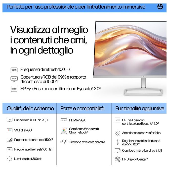 HP 94C17AA#ABB Serie 5 Monitor PC 23.8'' Full HD 1920x1080 IPS 100Hz 300 nit Flicker Free Low Blue Light colore Bianco