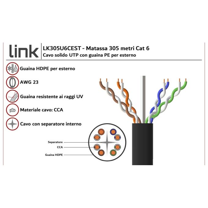 Link LK305U6CEST Cavo di Rete Cat6 U-UTP Solido Esterno 305 m Guaina HDPE Conduttori CCA AWG23 colore Nero