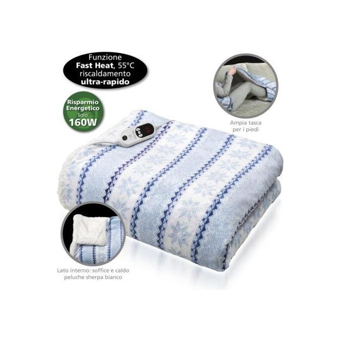 Macom 943 Morby Plaid Coperta Riscaldabile con Tasca per i Piedi 160 W 9 Temperature Timer 120x180 cm colore Blu Bianco