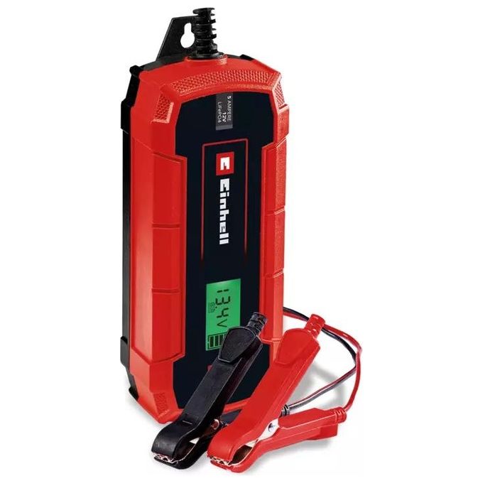 Einhell 1002251 CE-BC 5 M Caricabatterie 12 V 5 A per Gel AGM Piombo-acido LiFePO4 Display LCD IP65 colore Nero Rosso