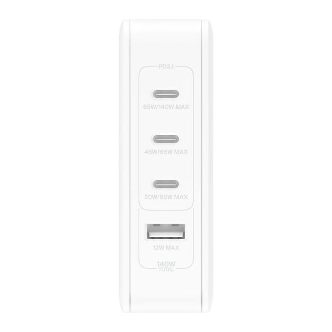 Belkin WCH014BTWH BoostCharge Pro Alimentatore da Parete GaN 140W 3 Porte USB-C 1 Porta USB-A colore Bianco