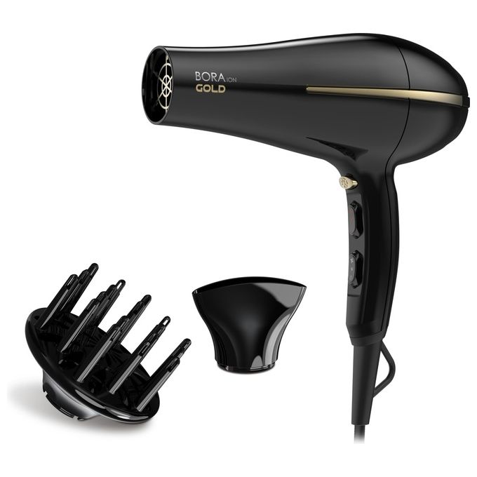 Ga.ma GH0825 Bora Ion Gold Asciugacapelli 2200 W Motore DC Ionico Ceramica 6 combinazioni bocchetta e diffusore colore Nero