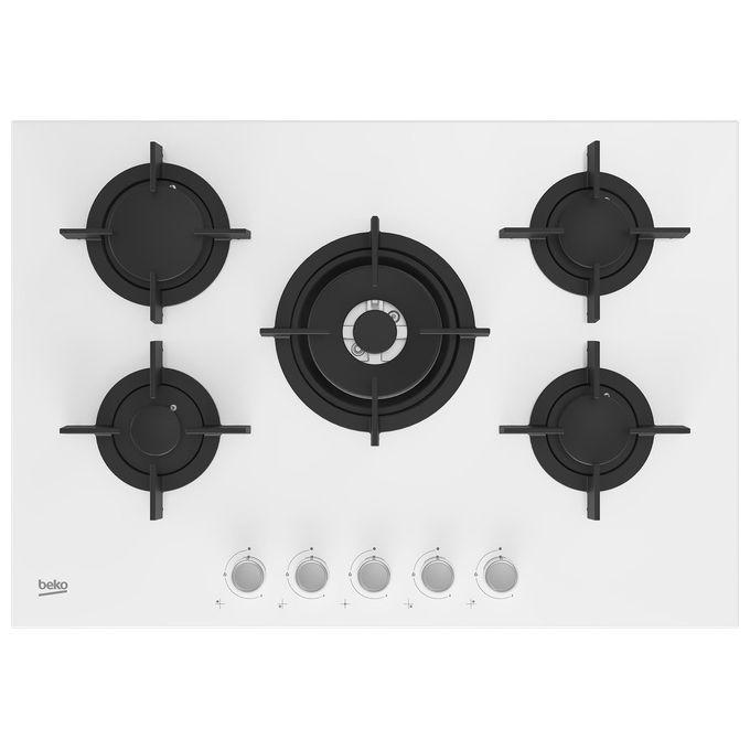 BEKO HILW75222SW Piano Cottura a Gas in Vetroceramica 5 Fuochi 1 Bruciatore Wok Griglia in Ghisa 75 cm Bianco