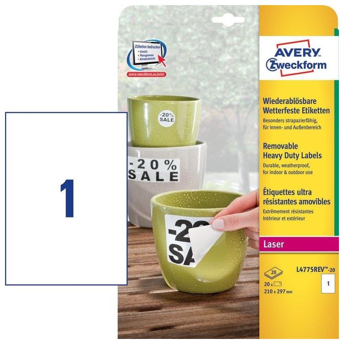 AVERY Etichette Extra Resistenti in Poliestere  Rimovibili  - Stampanti     Laser - 210 x 297mm  20ff