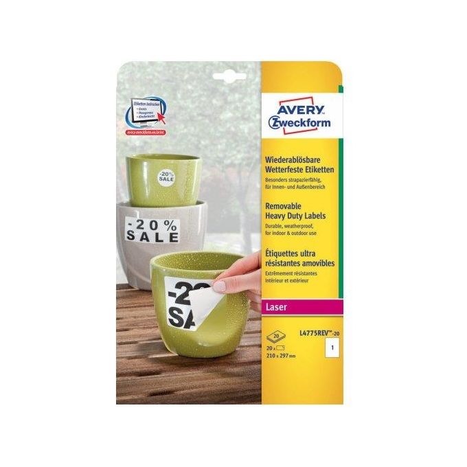 AVERY Etichette Extra Resistenti in Poliestere  Rimovibili  - Stampanti     Laser - 210 x 297mm  20ff