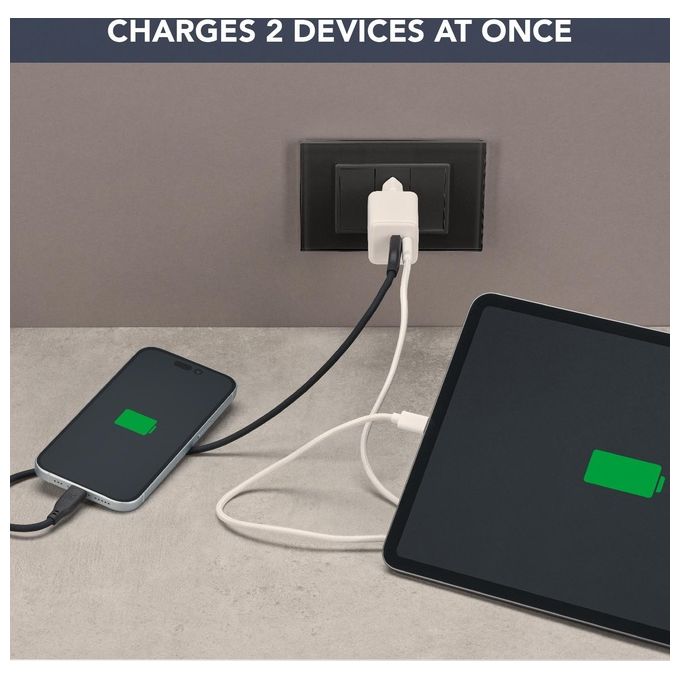 Cellularline ACHKITC2CGAN30TABW Multipower 30W Kit Caricabatterie da Rete con Tecnologia GaN 30W USB-C e 18W USB-A con Cavo USB-C to USB-C 100 cm colore Bianco