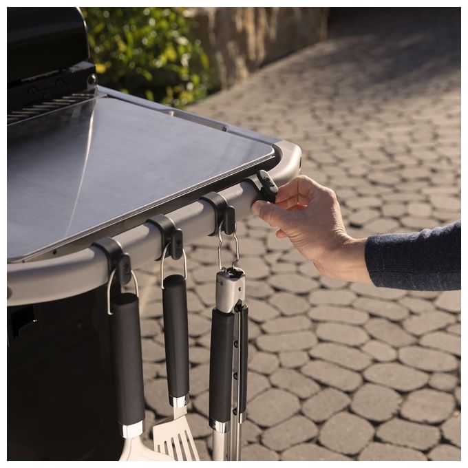 Weber 3400106 Works Kit Organizer Agganciabile per Barbecue con Porta Tovaglioli Porta Sacchetto e 4 Ganci per Utensili colore Nero