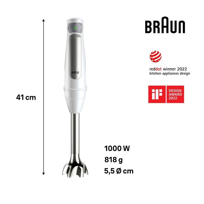 Braun MQ7035IW MultiQuick 7 Frullatore ad immersione 1000W PowerBell Vplus tritatutto 0,5L bicchiere 0,6L frusta colore Bianco